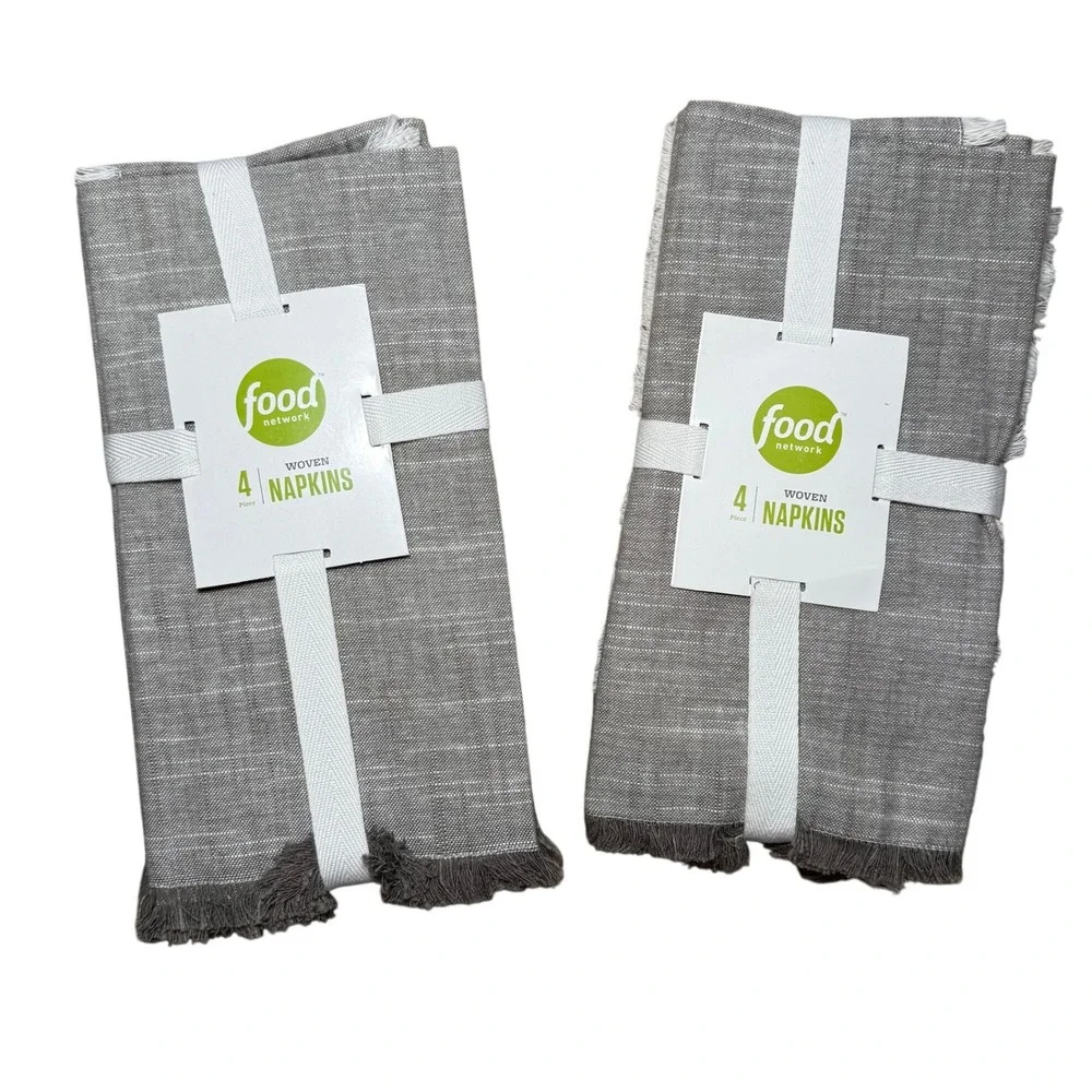 Food Network Woven Fringe Cotton Napkins Gray Set of 4 (x2) 8 Total New NWT